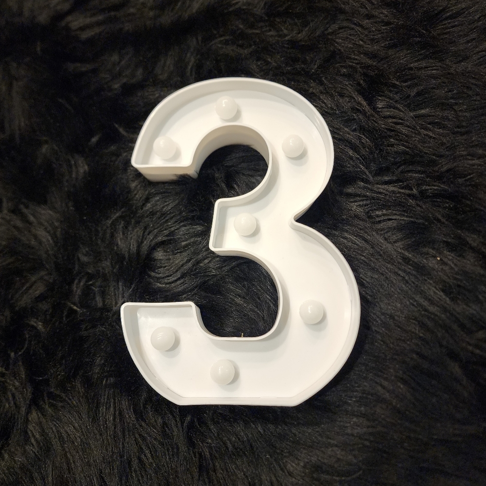White Number 3 Plastic Light. Sits on a shelf or hangs on wall!